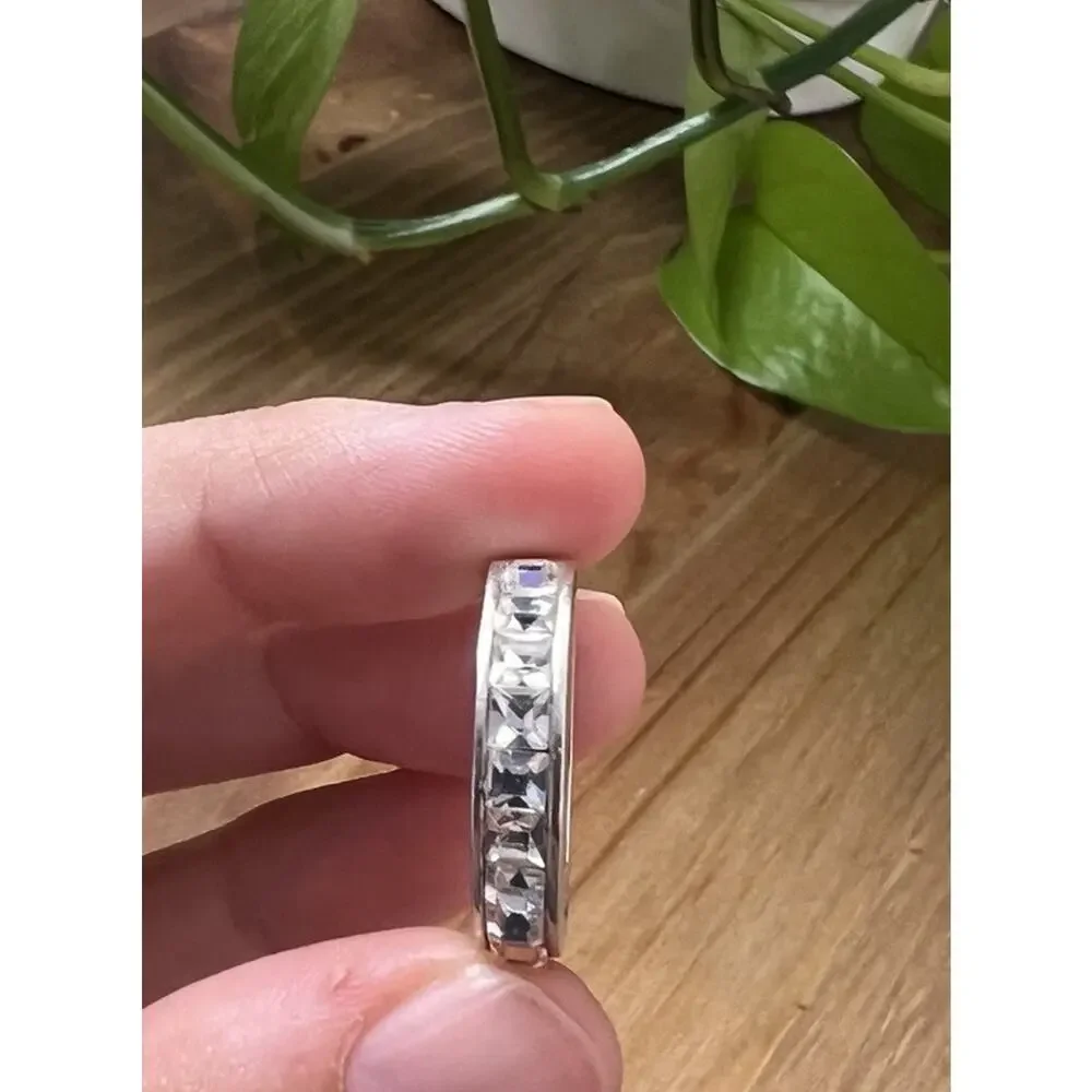 Silver‎ Size 8 Princess Cut Clear Band Eternity Ring Modernist Minimalist